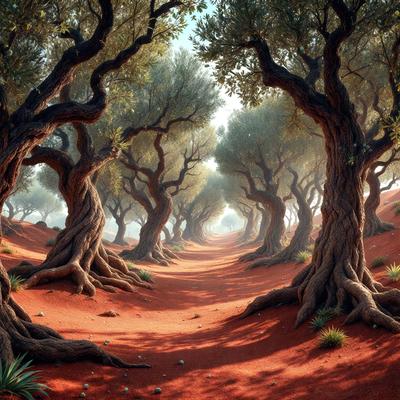 The primary subject of the image is a tree-lined path in a desert setting. The path is surrounded by trees, creating a shaded and serene atmosphere. The visual style of the image is a digital art or illustration, with a focus on the natural elements and the contrast between the path and the desert environment. The colors in the image are predominantly earth tones, such as red, brown, and yellow, which contribute to the overall mood of the scene.
